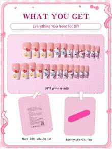 SANRIO 24片Hello Kitty中号方形3D白色法式美甲贴纸，饰有Hello Kitty和蝴蝶结图案，粉色少女风，完美适配亚克力美甲套装，包含1瓶胶水和1个指甲锉，适合女孩日常生活和派对使用。 - 彩色 - 查看 4