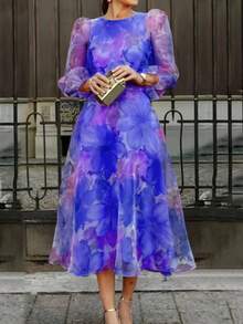 Spring Summer Blue Purple Floral Print Midi Dress Elegant Puff Sleeve Chiffon A Line Flowy Vacation Party Cocktail Dress - 紫羅蘭色 - 查看 7