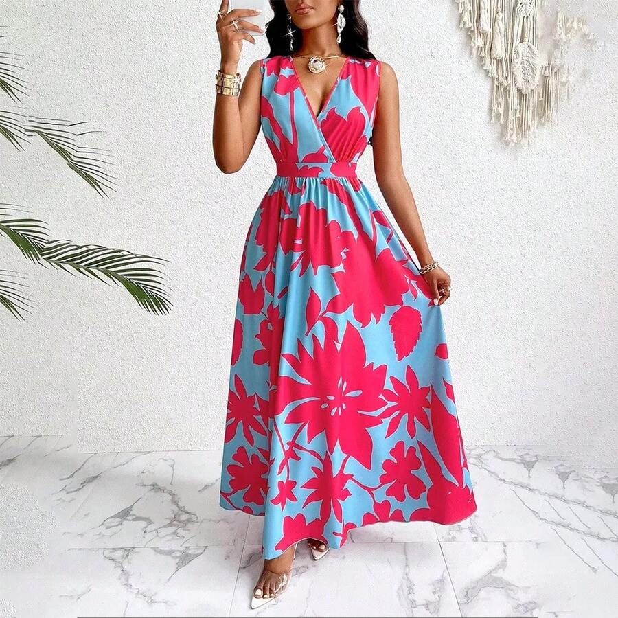 Vestido vintage sin mangas con cuello en V y contraste de colores, interpretación única del estampado, estilo elegante - Fucsia - Ver 1