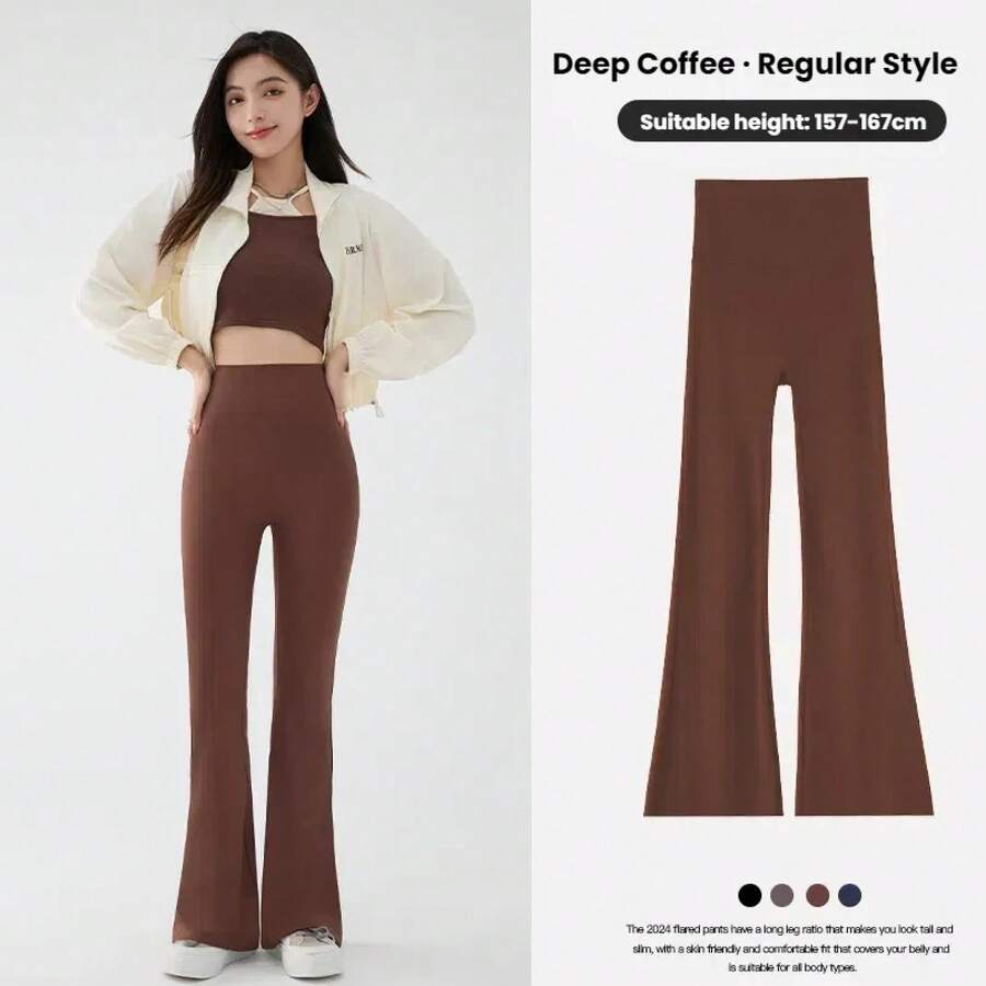 Nuevos pantalones de tiburón acampanados de cintura alta para mujer, pantalones de tiburón elásticos con corte de bota de verano, pantalones casuales Retro, ropa de calle para mujer - Café 157 a 167 cm - Ver 1