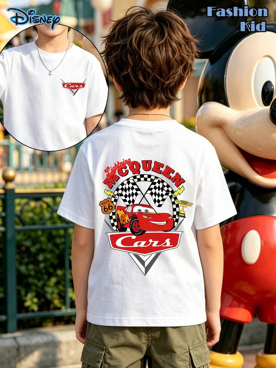 Tween Boy Clothes Disney Authorized Lightning McQueen Cartoon T-Shirt, Lightning McQueen Shirt, Graphic Tees Boys, Cars Shirts,Boys Clothes, Suitable For Street Retro And Outdoor Sports And Leisure, Cool, Disneyland Family Vacation Shirts,Disney Kids T-Shirt - 白色 - 查看 1