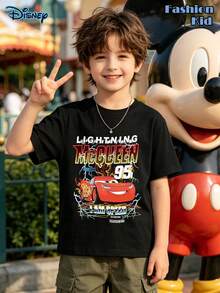 Disney Authorized Lightning McQueen Cartoon T-Shirt, Boy's Casual And Fashionable T-Shirt, Cartoon Disney Printed Pure Cotton Disney Kids T-Shirt, Comfortable, Disney Cars Shirt,Lightning McQueen Shirt, Cars Land Shirt Disney Trip Shirt, A Gift For A Child - màu đen - Xem 1