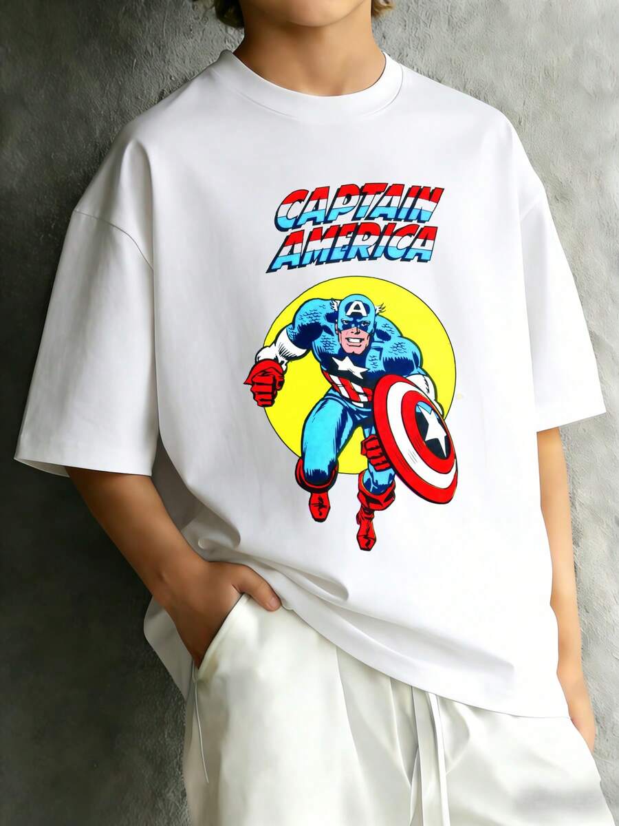 Marvel Hero Shield Action Pose Graphic T Shirt 100 Percent Cotton Men T Shirt    Universe  Superhero Summer Outfits Men Men's Clothes Mens Tops Streetwear Mens Gift Ideas Innerwear Or Outfits,Mens Fashion - 白色 - 查看 1