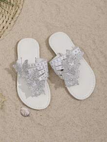2026 New Kids Slippers, Diagonal Strap With Gradient Rhinestones, Fashionable Design Girls' Summer Flip Flops, Pearl & Rhinestone Butterfly, Versatile White, Suitable For Home, Vacation, Beach Walks, Matching Outfits - White - View 5