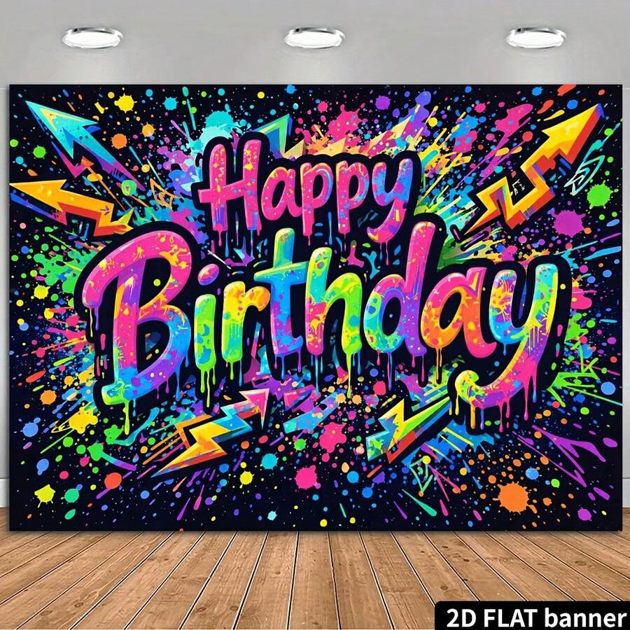 2D涂鸦风格生日派对横幅背景，彩色泼墨设计，搭配3D“生日快乐”字样，饰以箭头和闪电图案，街头风格 - 29 - 查看 1