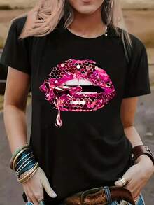 Women's Short Sleeve Cotton T-Shirt With Lip Print, Short Sleeve Sports T-Shirt, Casual Round Neck, Workout Top, Women's Activewear. - 黑色 - 查看 7