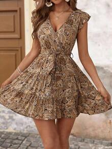 Vestido corto de verano con estampado de paisley, volantes y cinturón, estilo vacaciones, estilo bohemio, vestido mini con escote en V, estampado floral y volantes, vestido rosa con estampado de flores, vestido mini de línea A con estampado flora - Marrón - Ver 4