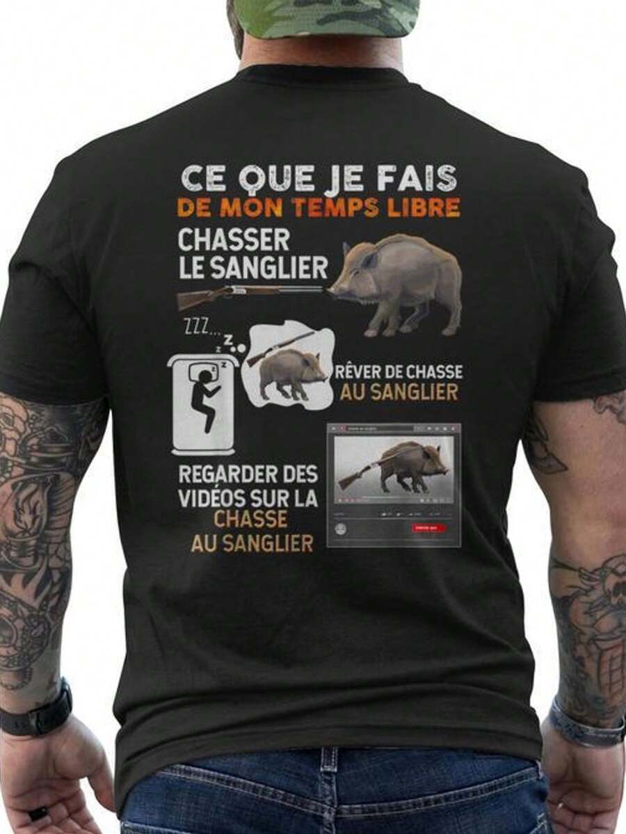 Rolig jakt-T-shirt för män - Franska jaktfraser och vildsvinstryck på baksidan - Andningsbar bomulls-T-shirt för jägare och entusiaster - Perfekt present till pappa, jägare - Svart T-shirt med jaktmotiv - Vardagskläder för vardag och jaktturer - Bekväm kortärmad T-shirt med rund hals - Maskintvättbar - Perfekt för alla årstider - Avslappnad passform för vuxna - Grafisk design med jakttema, herr-T-shirt, jul-T-shirt, herr-T-shirt, herr-T-shirt, lös och bekväm sommar-T-shirt. - Svart - Visa 1