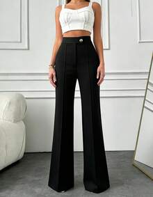 Pantalones de Pierna Recta Negros para Mujer, Cintura Alta, Cierre con Botones en la Parte Delantera, Pantalones de Moda Casuales para Oficina, Primavera-Verano - Negro - Ver 3
