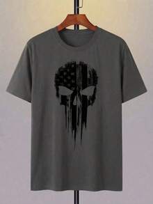 Men's Casual Crew Neck T-Shirt, Made Of Polyester Knit Fabric With A Slight Stretch, Regular Fit, Decorated With 3D Skull Print And Patriotic Stripes On The Shoulders, A Novelty Graphic T-Shirt. - 深灰色 - 查看 2