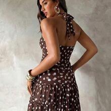 Asymmetrical Polka Dot Halter One Piece Swimsuit & Maxi Skirt Set For Women - Marrón - Ver 11
