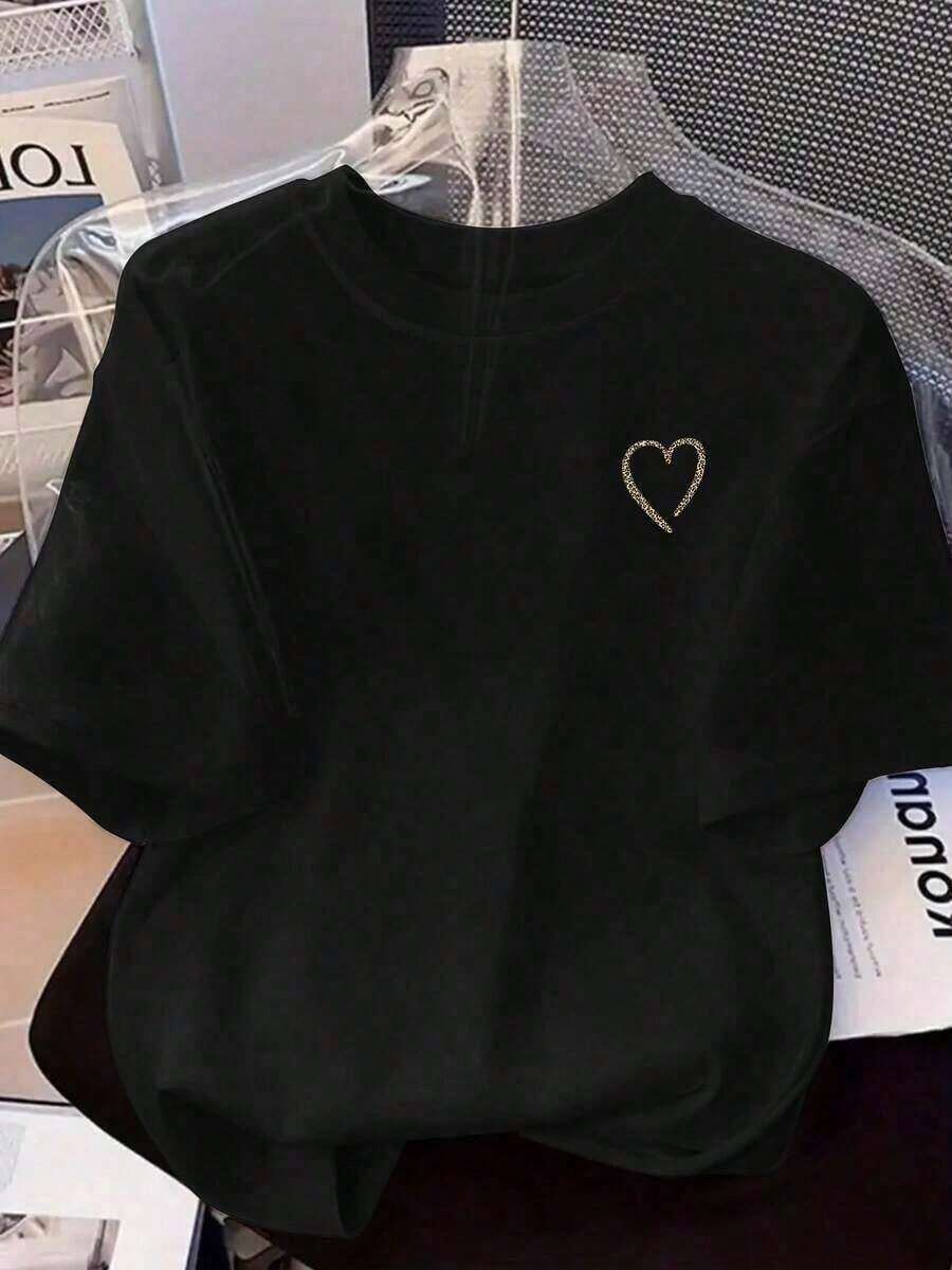 Women's Short-Sleeved T-Shirt With Round Neck And Fashionable Print, Casual Short-Sleeved Top For Spring And Summer, Loose And Comfortable Clothing For Women, Spring And Summer T-Shirt. - 黑色 - 查看 1