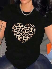 Women's Short-Sleeved, Round-Neck, Loose-Fitting, Logo And Heart Print, Urban Style, Leopard Print - Hitam - View 5