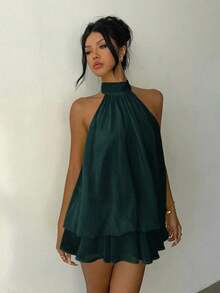 Vestido mini elegante de mujer con cuello halter y lazo en color amarillo claro - Verde Oscuro - Ver 6