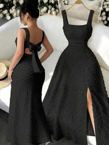 de punto texturizado sin mangas con cuello cuadrado, diseño de lazo en la espalda abierta, elegante vestido ajustado para fiesta - Negro - Ver 9