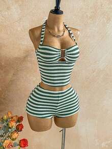 Conjunto Casual de 2 Piezas para Mujer: Top Halter a Rayas y Shorts para Vacaciones - Multicolor 4 - Ver 5