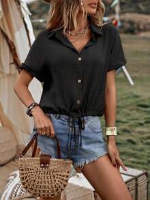Camisa de verano para mujer, casual, suelta, de un solo botón y unicolor - Negro - Ver 3