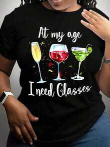 Plus Size Short Sleeve T-Shirt With Round Neck And Letter Print, Casual For Summer, Everyday Wear, Leisure. - 黑色 - View 1