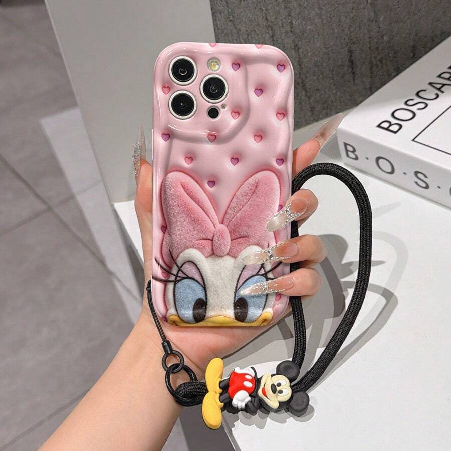 Disney Mickey Mouse Clubhouse Phone Case : 3D Fluffy Pattern Border Protector Phone Soft Phone Case With A Free Cute Mickey Bracelet Chain Lanyard, Mickey, Minnie, Goofy, Donald Duck, Daisy Duck, Pluto, For Apple 17 Promax 17 Pro 16 15 14 13 12 11 Pro Max XS Max X XR Soft Cover Summer Phone Case - 白色 - 查看 1