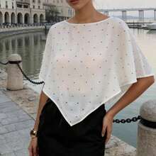 Blusas tipo poncho asimétricas de manga corta con cuello redondo y estampado de lunares para mujer. - Champán - Ver 1