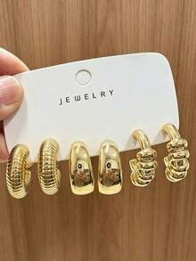 6/18pcs Gold 3D Flower, Left-Right Flower, Spiral C, Smooth C-Shaped Design Vintage Elegant Daily Wear Earrings For Women - Gold - View 6