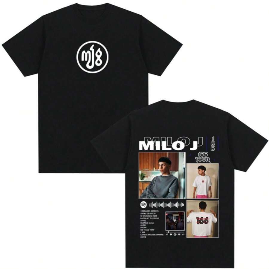 Camiseta de la gira del álbum 166 del rapero Milo J para hombre y mujer, moda hip hop, camiseta de algodón informal de manga corta extragrande. - Negro - Ver 1