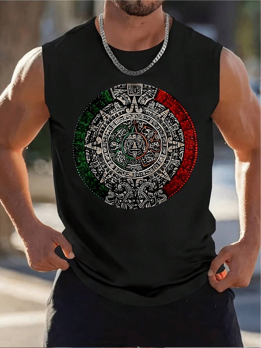 2D Flat Mayan Calendar Design Circular Shape Acrylic Pendant Ornament For Home Decor And Jewelry Making Christmas Gift For Friends Classic Crew Neck Tank Top All Day Comfort Gym Vest - Black - View 1