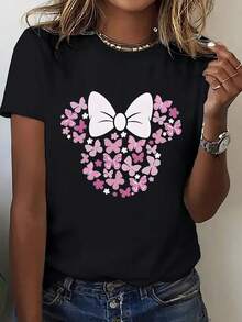 Camiseta casual de manga corta para mujer, ideal para vacaciones de verano, con un divertido estampado de flores y lazos, una camiseta elegante y casual para mujer, una camiseta de cuello redondo cómoda y con un estampado único, una camiseta adecuada para regalar, una camiseta deportiva cómoda y transpirable. - Negro - Ver 12