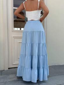 Falda larga con volantes en el bajo, de estilo EARO, de tela multicapa en azul claro, elegante, versátil y de moda para mujer - Celeste - Ver 3