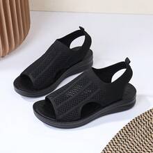 1 Pair Women's Slip-On Beach Sandals With Fabric Texture PU Sole, Wedge Heel, Suitable For Commuting, Casual, Walking - Black - View 3