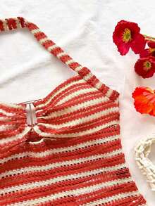 Conjunto Casual de 2 Piezas para Mujer: Top Halter a Rayas y Shorts para Vacaciones - Naranja - Ver 3