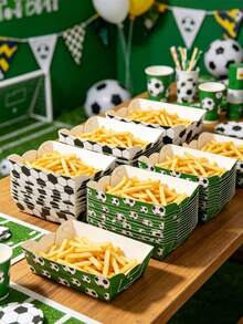 12件套足球主题一次性餐具套装，包括纸盘、零食托盘、食品容器、烤盘、爆米花盒，适用于足球主题生日派对、体育赛事观看、球迷聚会、婚礼、婴儿派对、新娘送礼会、节日等场合。 - 足球 - 查看 2