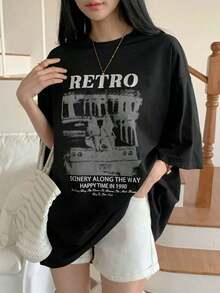 Women's Casual Summer Loose-Fitting T-Shirt With Slogan Print, Crew Neck, And Dropped Sleeves, RETRO SCENERY ALONG THE WAY HAPPY TIME IN 1990, Oversized Graphic Tee - Urban Vintage Style, Unisex, Cotton, Short Sleeve, Crew Neck, Y2K Style Activewear, Crew Neck, 100% Cotton, Soft Fabric, Short Sleeve. 1 T-Shirt - 黑色 - 查看 8