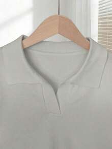 New 2026 Collection: Women's Solid Color Fitted Knit Blouse, Spring/Summer, White, Simple, Casual, With Roll Neck And Raglan Short Sleeves. Solid Color Blouses, Pink Blouses, Baby Pink Blouses. - Grey - View 3