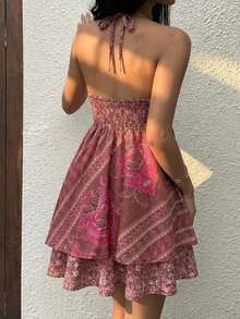 SunnyBelle Vestido mini de verano vintage sin mangas con cuello halter para mujer - Rosa - Ver 2