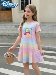 Disney [1 Pc]Girls Ariel The Mermaid Print Rainbow Striped Casual Short Sleeve Crew Neck T-Shirt Dress For Summer - 條紋 - 查看 1