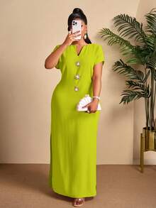 BIUBIU Vestido largo elegante de verano para mujer talla grande, color verde, cuello en V, mangas cortas con volantes, detalle de abertura con lazo en la espalda, tejido de punto para un ajuste cómodo - fruta verde - Ver 7