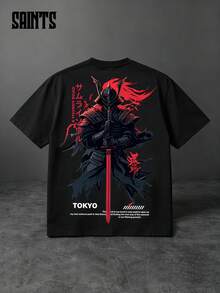 Camiseta con estampado de samurái, estilo callejero estadounidense, de corte holgado y manga corta con estilo japonés - Negro - Ver 1