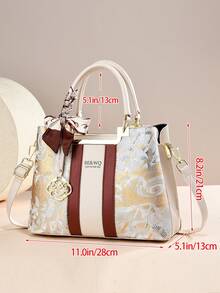 Women's Oriental Crane Jacquard Handbag Set, Crossbody Shoulder Bag With Silk Scarf Decoration, Suitable As Mother's Day Gift - Khaki - View 6