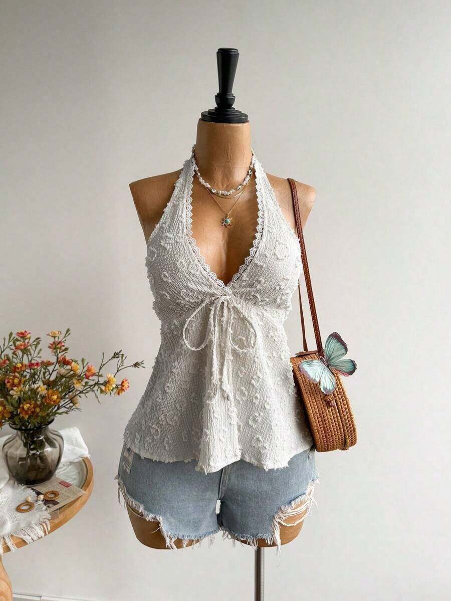 Conjunto de Playa Casual sin Espalda para Mujer, Estilo Bohemio, para Vacaciones, Festival de Música Hawaiana, Vacaciones Tropicales, Top Halter de Verano - Blanco - Ver 1
