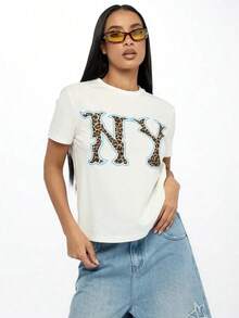 NYC Leopard Print T-Shirt, Casual Urban Style, Short Sleeve, Crew Neck, Cotton Blend, Summer Festival Top, Urban Fashion Graphic T-Shirt - 白色 - 查看 9