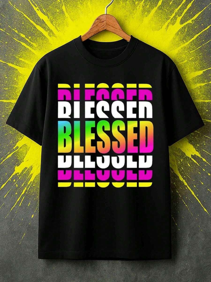 Christian T-Shirt For Women With The Inscription "Blessings" In Rainbow, Casual T-Shirt With Bright Gradient, 100% Pure Cotton, Comfortable Colors, Short Sleeve Design And Round Neck, New Fitted T-Shirt For Women, Spring/Summer Design Style, Couple Style, Perfect For Matching Sets. - Black - View 1