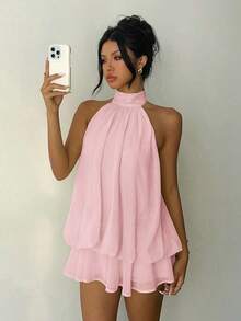 Vestido mini elegante de mujer con cuello halter y lazo en color amarillo claro - Rosa Pálido 2 - Ver 4