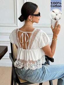 Blusa de mujer con cuello en V, manga corta y espalda con lazo, de encaje y parches, 100% algodón, estilo romántico francés, con diseño de espalda descubierta y mangas abullonadas, versátil para uso diario/casual, verano para mujeres, Día de San Valentín, Carnaval, vacaciones, blusa casual, top Y2K, blusa de encaje, blusa bohemia, top de encaje - Blanco - Ver 9