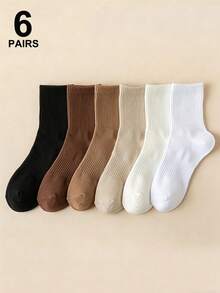 6 Pairs Solid Color Socks Set, Breathable Ribbed Casual Sports Crew Socks For Women, Versatile For Summer - Multicolor - View 5