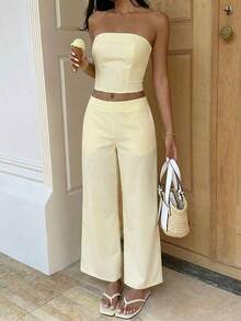 Conjunto de top bandeau a rayas amarillas y pantalones de cintura alta para mujer, ajustado, de moda y versátil para la calle, vacaciones, primavera/verano - Amarillo - Ver 5