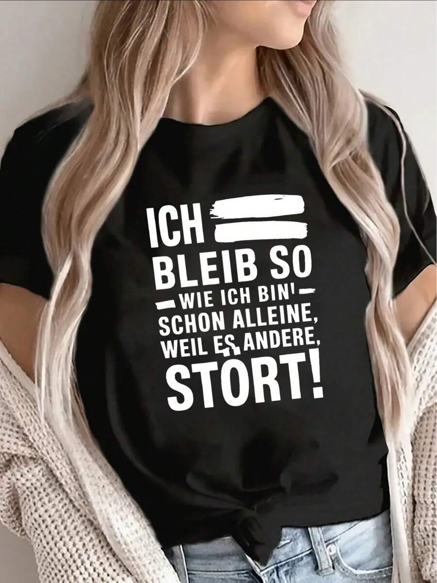 La camiseta de algodón puro es ligera y duradera, y lleva impresa la frase alemana "Ich bleib sowie ich bin". Es perfecta para el hogar, cafeterías o actividades de ocio al aire libre, garantizando comodidad todos los días. - Negro - Ver 1