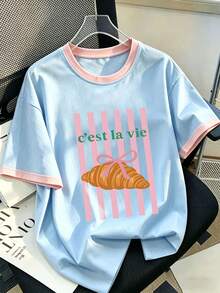 1pc Tween Girl Printed Short Sleeve T-Shirt, Student Youth Clothing, Summer Gift For Kids - Baby Blue - View 5
