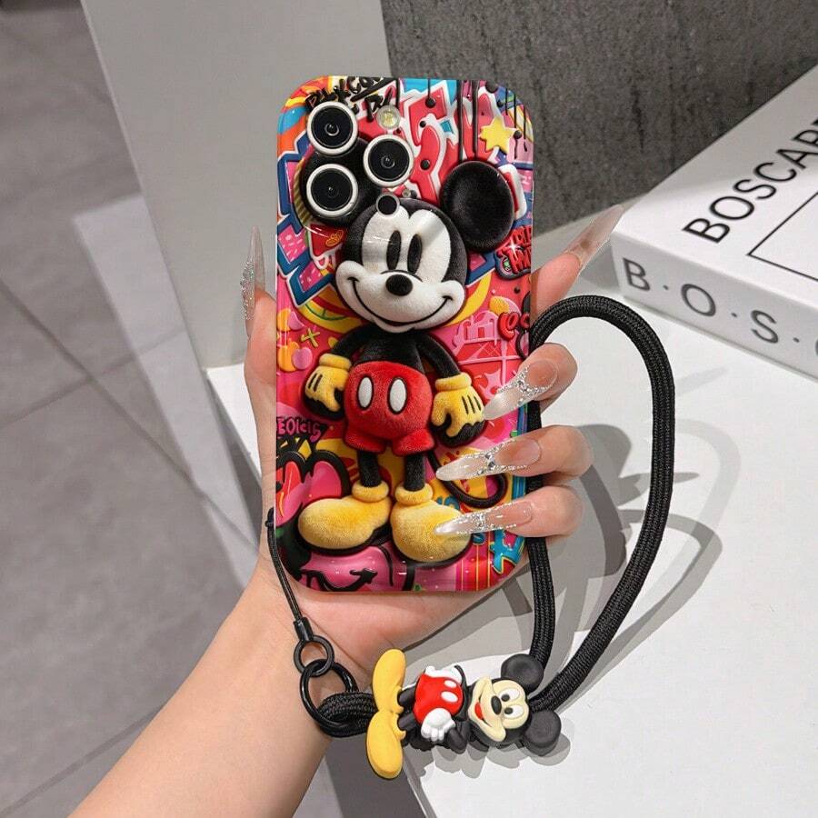 Disney Mickey Mouse Clubhouse Phone Case : 3D Fluffy Pattern Border Protector Phone Soft Phone Case With A Free Cute Mickey Bracelet Chain Lanyard, Mickey, Minnie, Goofy, Donald Duck, Daisy Duck, Pluto, For Apple 17 Promax 17 Pro 16 15 14 13 12 11 Pro Max XS Max X XR Soft Cover Summer Phone Case - 白色 - 查看 1