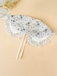 1pc Women's White Embroidered Faux Collar, Double-Layer Ruffle Decor Fashion Shawl Collar, Suitable For Daily Wear - White Floral Print - a - View 2